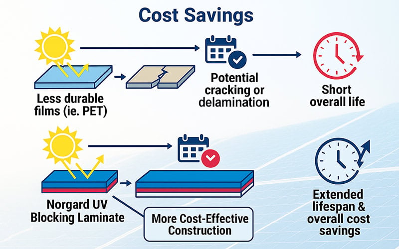 Illustration displaying tape solutions for cost savings in solar applications in a diagram.