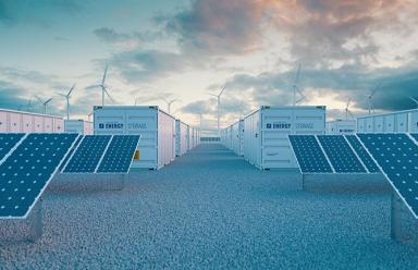 Battery storage power station accompanied by solar and wind turbine power plants.
