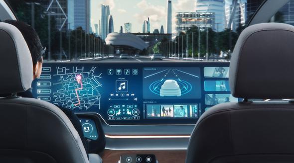 Navigation app usage inside futuristic EV.