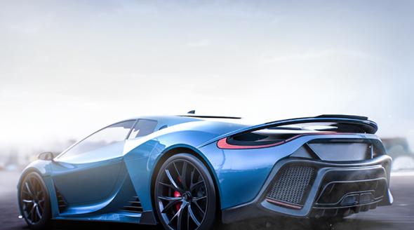 Metallic blue sports car.
