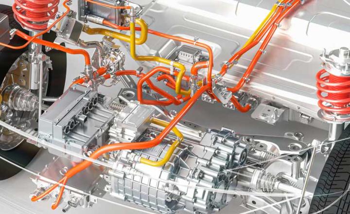 Illustrated modern electric vehicle chassis with front axle