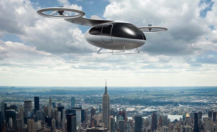 Concept of passenger drone flying above a city.