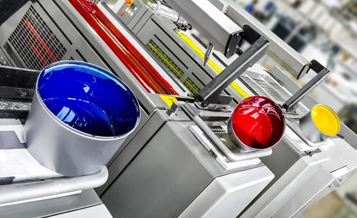 Blue, red and yellow ink with an offset four-color printer.