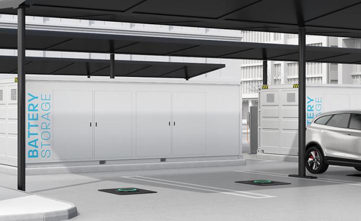 EV charging station with solar panels and container battery storage