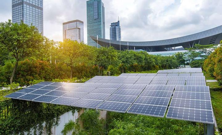  Solar panels above green areas in urban environment.