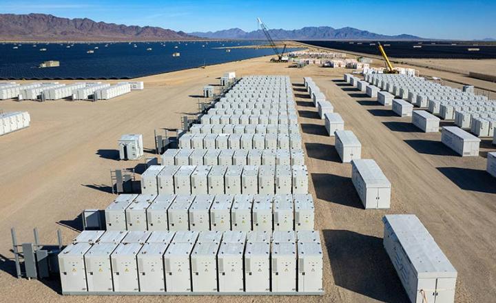  Aerial view of desert sunlight solar farm battery storage units.
