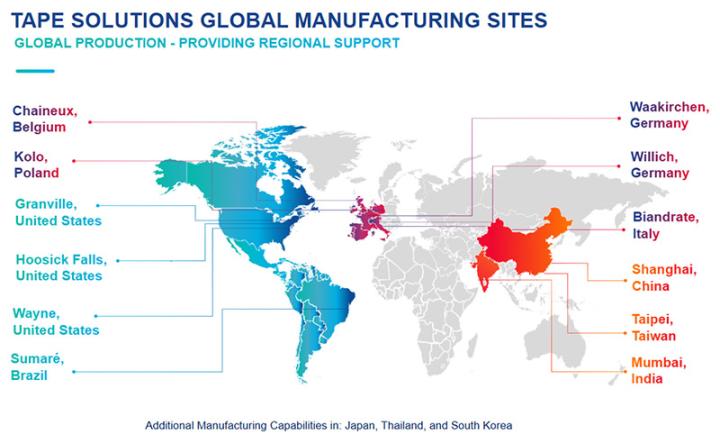 Tape Solutions global manufacturing sides map