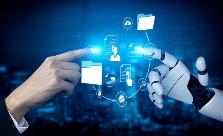 Digital document management concept with human hand reaching to robotic arm.
