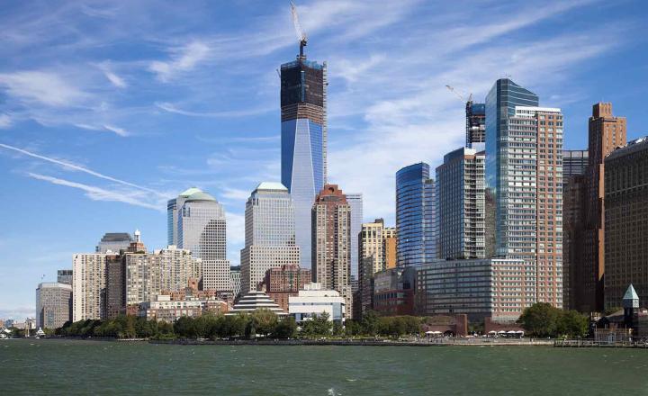 Skyline of New York and the Hudson River with different kinds of buildings and facade constructions and materials