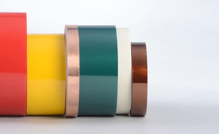 An array of colorful Saint-Gobain adhesive tapes lined in a row