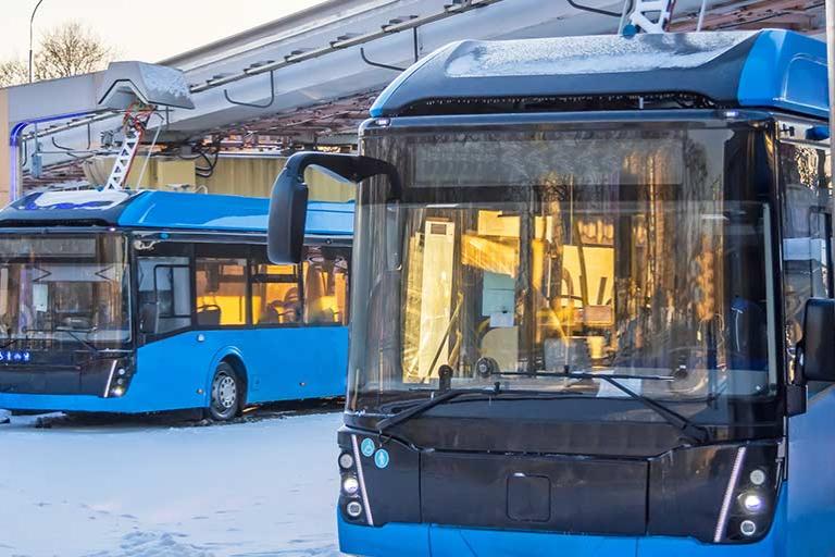 Electricity filling station for charging row of electric buses.