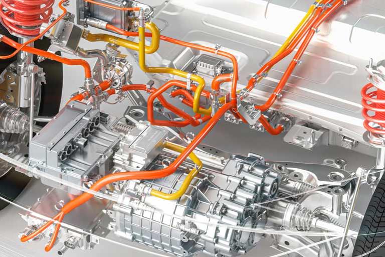 Illustrated modern electric vehicle chassis with front axle