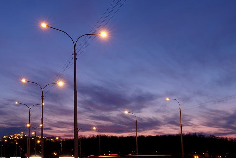 LED lighting along a street at dusk
