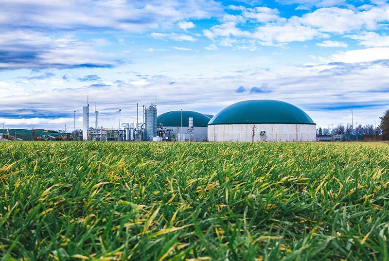 A modern biomass energy production site next to a green field