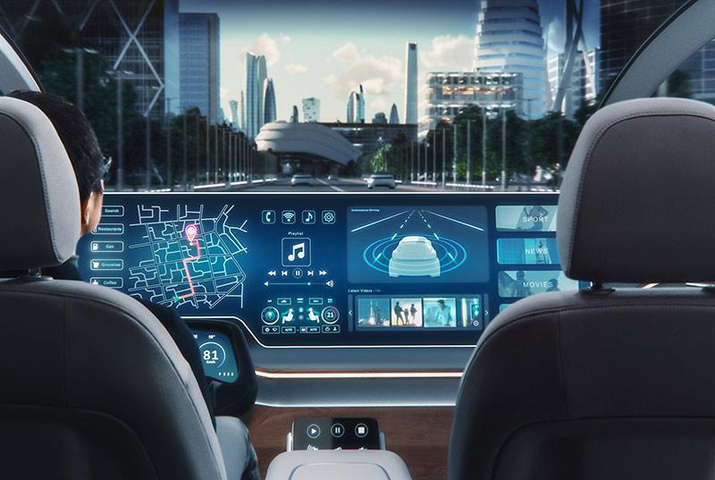 Navigation app usage inside futuristic EV.