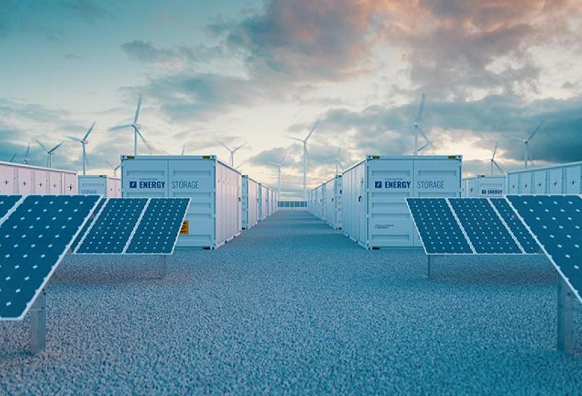 Battery storage power station accompanied by solar and wind turbine power plants.